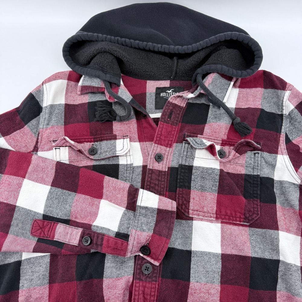 Hollister Hooded Flannel Shirt Jacket Mens Large Red Black Plaid Sherpa Hood